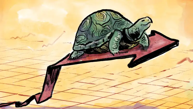 Illustration of a happy turtle riding on a steady rising stock graph