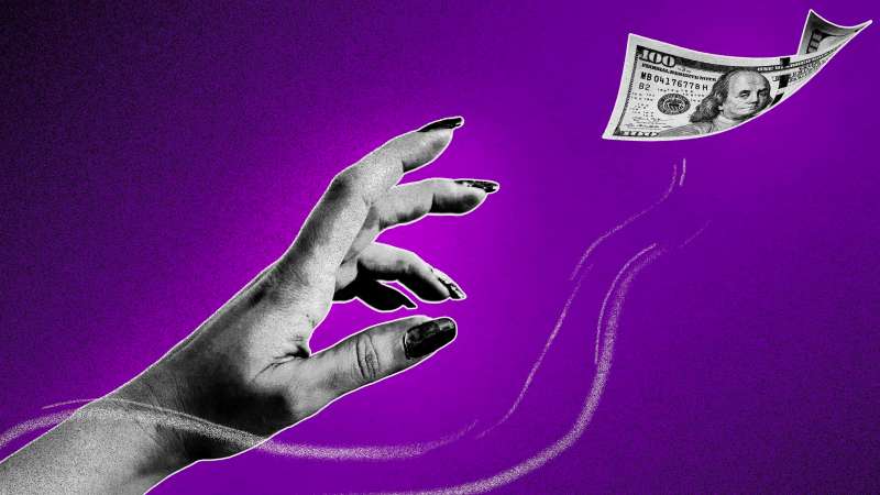 woman's hand reaching out for a dollar bill that is out flying of reach