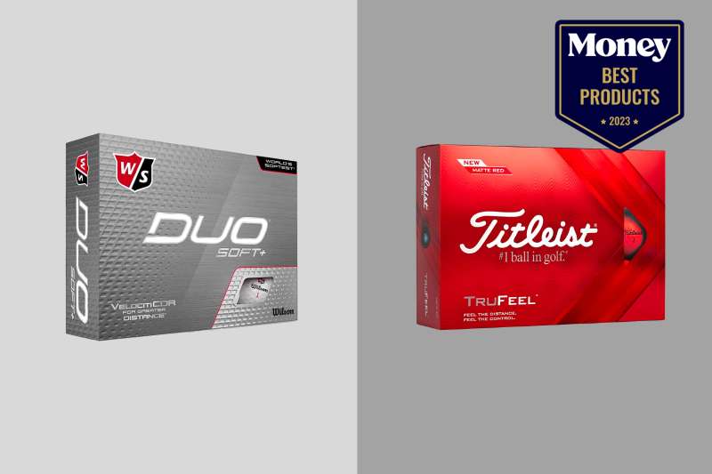 Two boxes of golf balls on a two-toned grey backdrop. One box is from the brand DUO and the other is from the brand Titleist