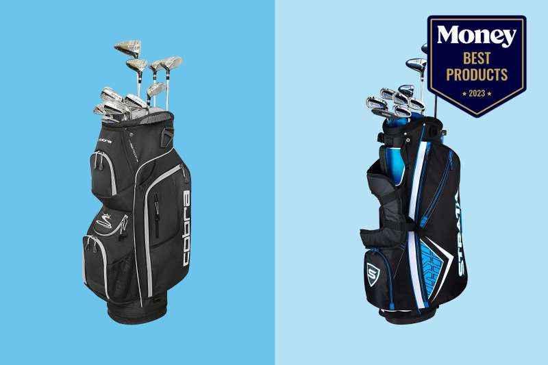 two golf club sets on a two-tone blue backdrop