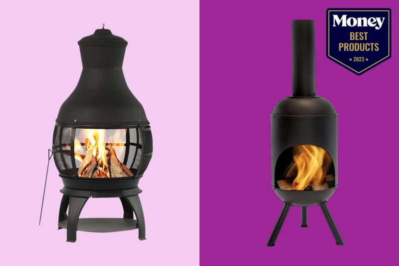 two of the best free-standing outdoor fireplaces on a two-toned purple backdrop