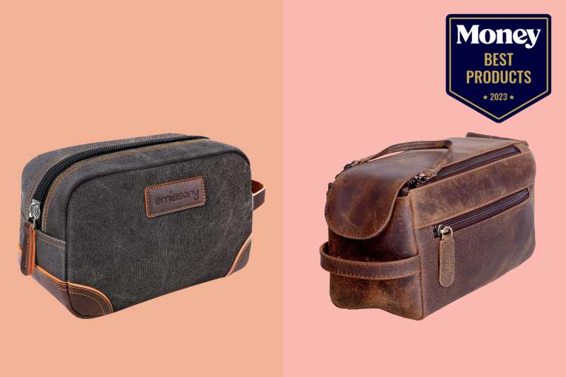 Two different Toiletry Bags for Men (one grey and one leather). Both are pictured on a two-toned pink and peach backdrop.