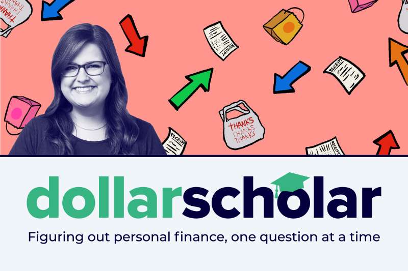 Dollar Scholar banner featuring various objects