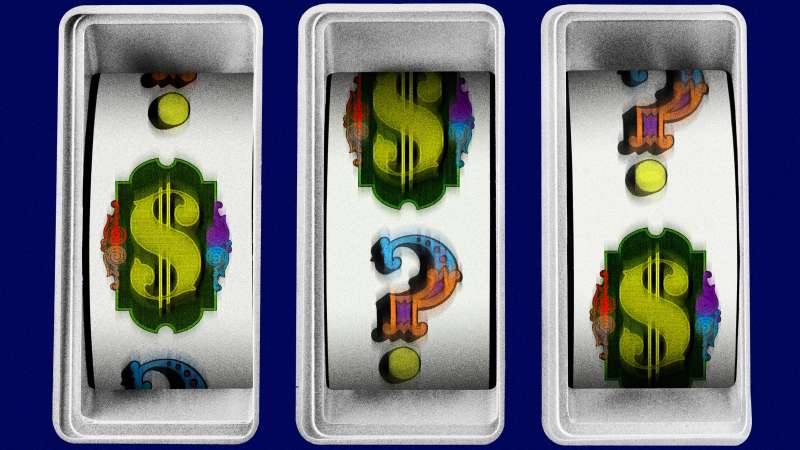 Photo-Illustration of a spinning slot machine with a dollar signs and question marks