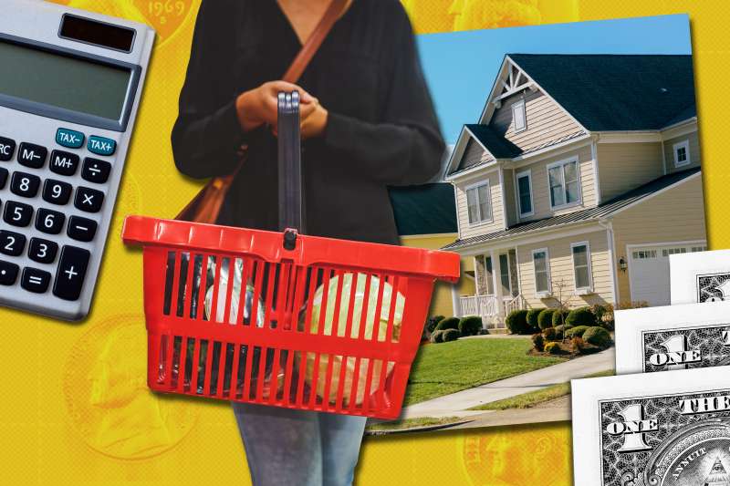 Photo collage of a woman holding a grocery basket, with a picture of a suburban house, a calculator and three dollar bills in the background