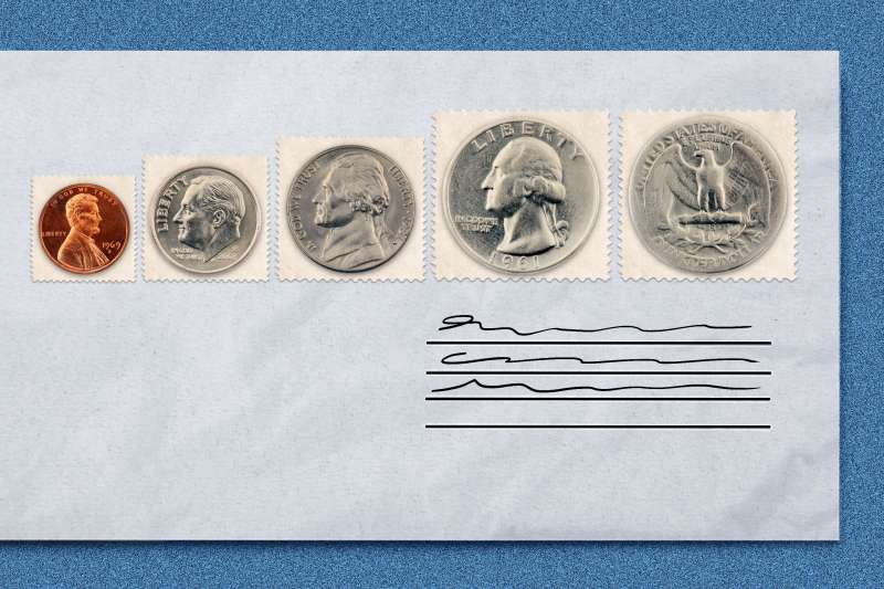 Photo Collage of an envelope with five stamps featuring coins that add up to 66 cents