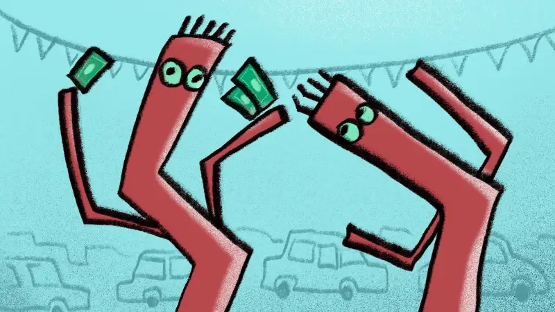 Illustration of two car dealership inflatables haggling over car prices