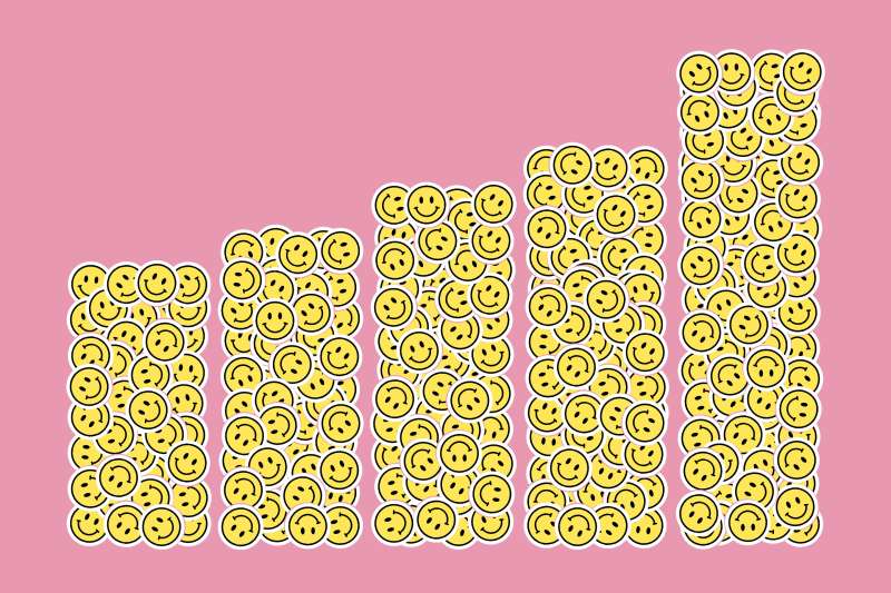 Illustration of a bar chart made up of smiley face stickers