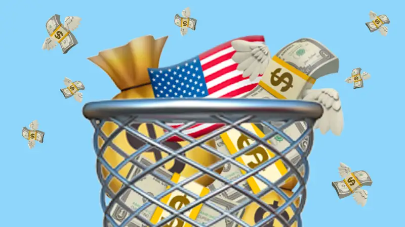 Emoji illustration of trashcan filled with money.