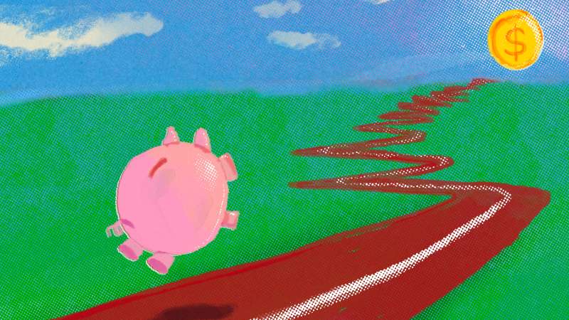Illustration of a piggy bank racing for money at the end of a long race track