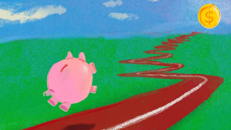 Illustration of a piggy bank racing for money at the end of a long race track