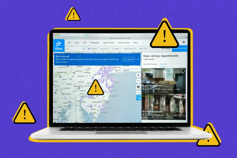 Photo Collage of a computer with a Zillow website screenshot and multiple yellow exclamation warning signs