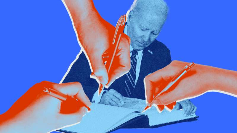 Photo-illustration of Joe Biden signing a book with three hands holding pens.