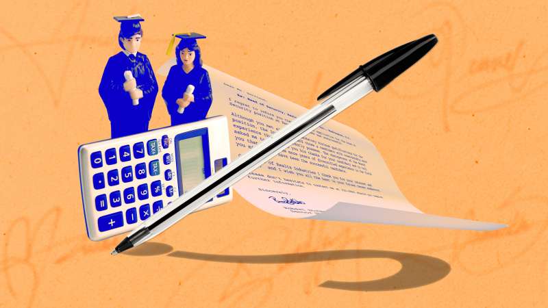 Photo illustration of a pen casting a question mark shadow, with paper, calculator, and college graduate figurines in the background.