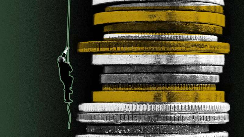 Photo illustration of a person climbing a vertical stack of coins