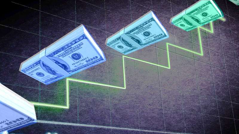 Illustration collage of a yield graph and some money stacks going up