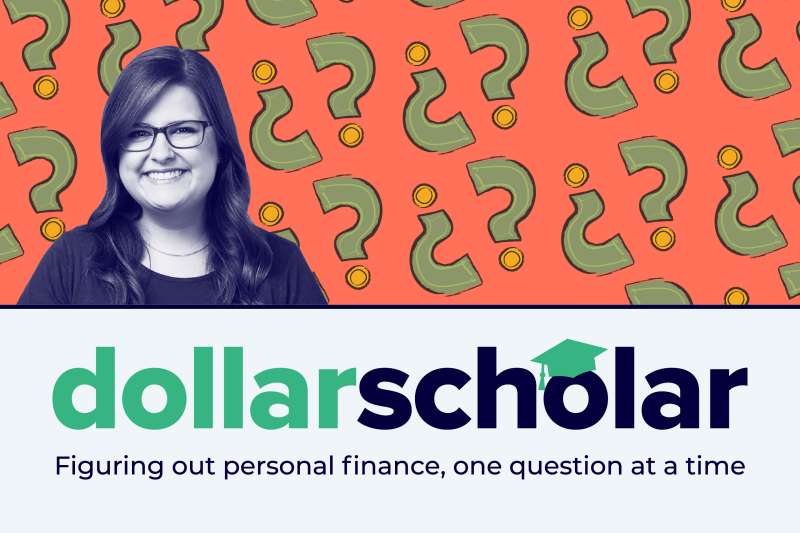 Dollar Scholar banner featuring money question signs