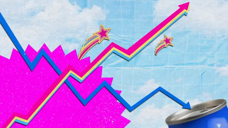 Illustration collage with the theme of Barbie and Bud Light and the stock market