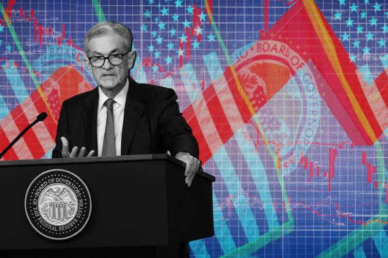 Federal Reserve Board Chairman Jerome Powell with a red ascending chart arrow in the background