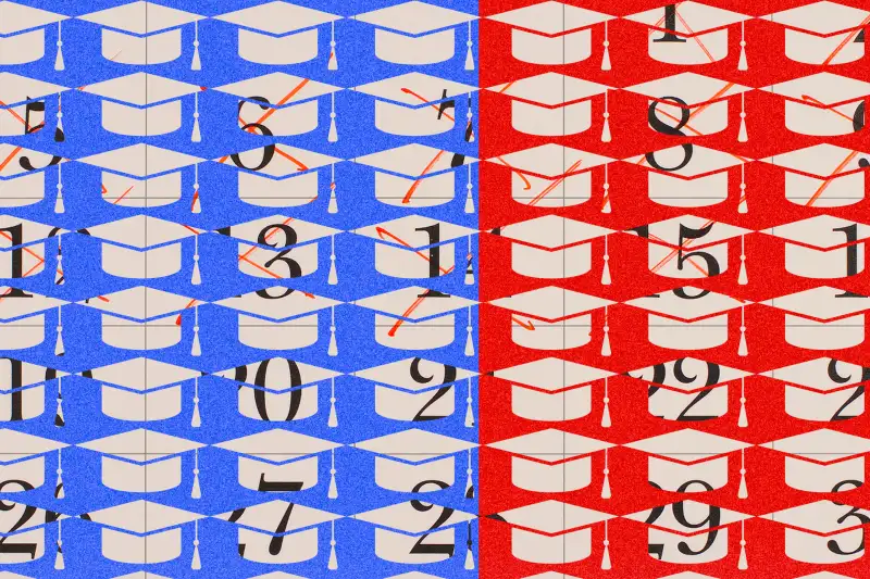 Photo-illustration of graduation hats and a calendar.