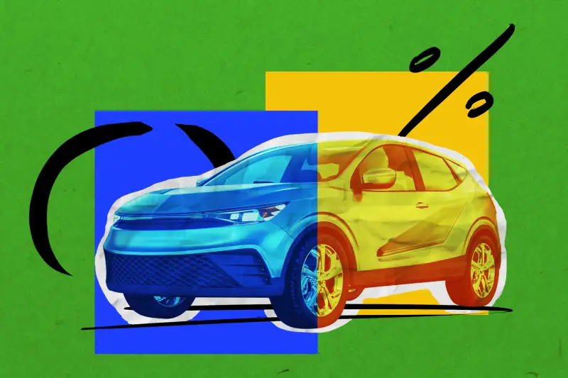 Photo Illustration of a Car cut out, on top of two opposing colored squares, with a percentage sign and a zero in the background