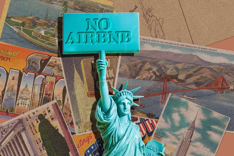 Photo-illustration of the statue of liberty holding a  No Airbnb  sign