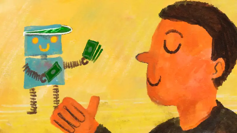 Illustration of a person letting a robot Ai manage their money