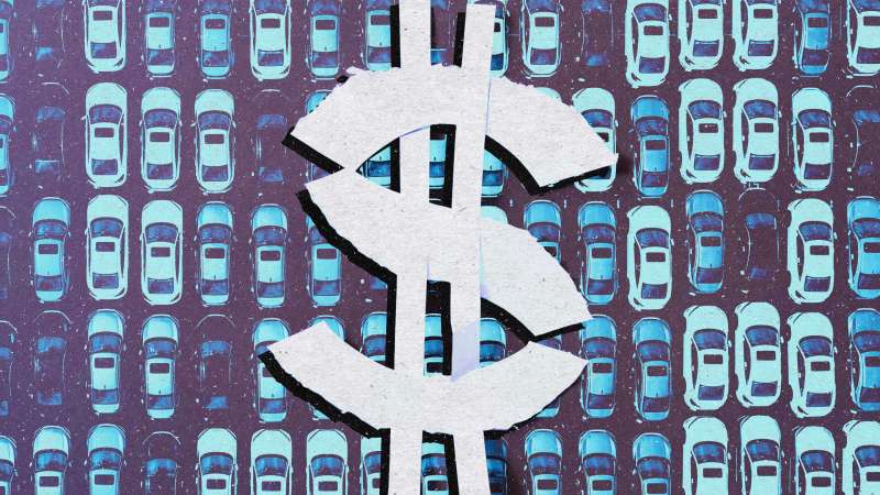 Photo illustration depicting many cars and a money sign made out of scraps of paper