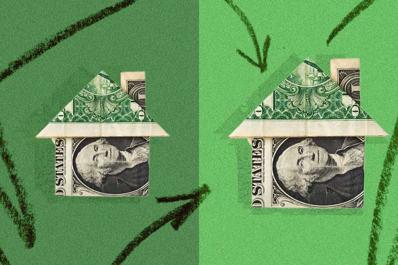 Photo-illustration of two houses made of dollar bills.