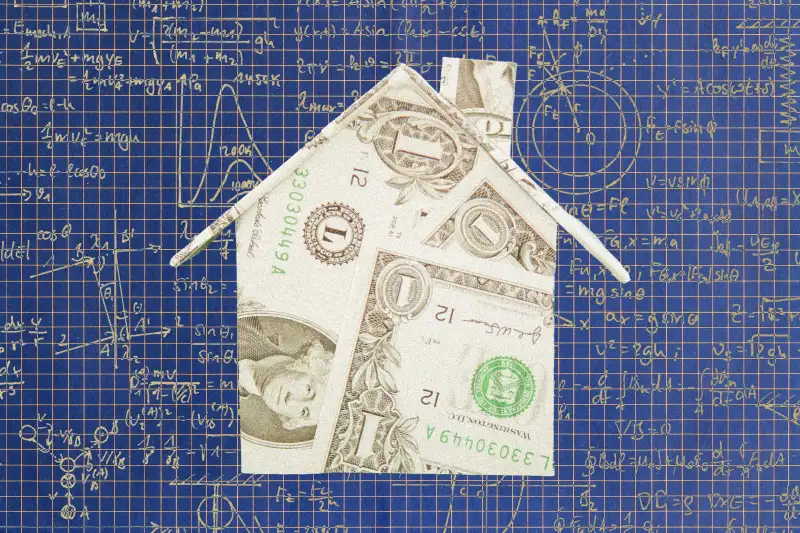 Collage of a house made from money, and hand written mathematical notes.