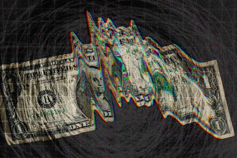 Photo-illustration of a warped dollar bill with scribbles.