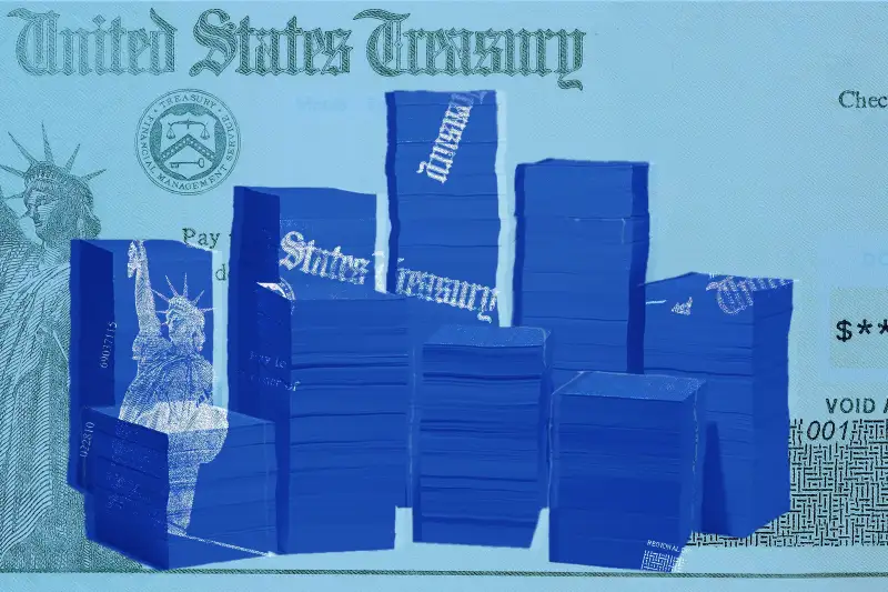 Photo-illustration of a stimulus check and stacks of paper.