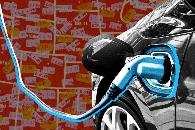 Photo-illustration of a charging electric vehicle, with price stickers and a map of the United States in the background.