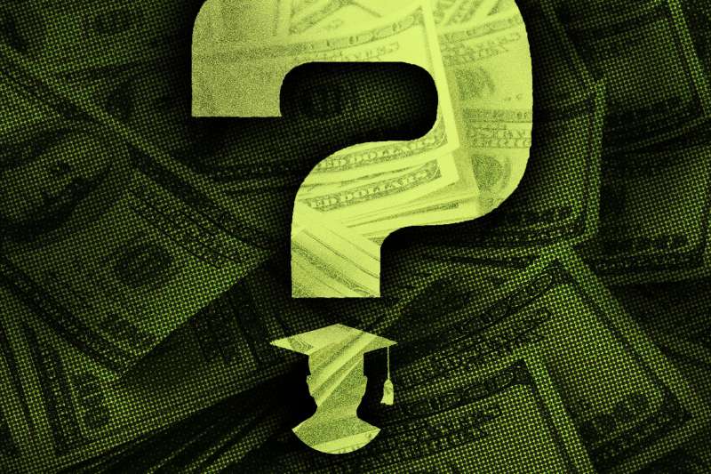 Photo Illustration of a question mark where the circle is a silhouette of a head with a graduation cap and money in the background