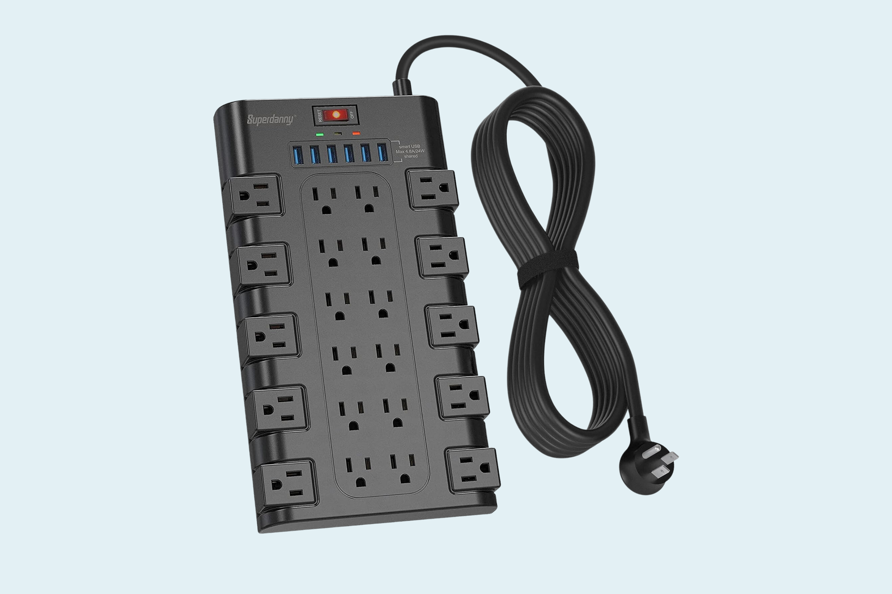 Digital Energy® Heavy-Duty Surge Protector Power Strip, 10 Outlets with 2  USB Ports and Coaxial, Phone, and Modem Protection (25 Ft. cord; White).