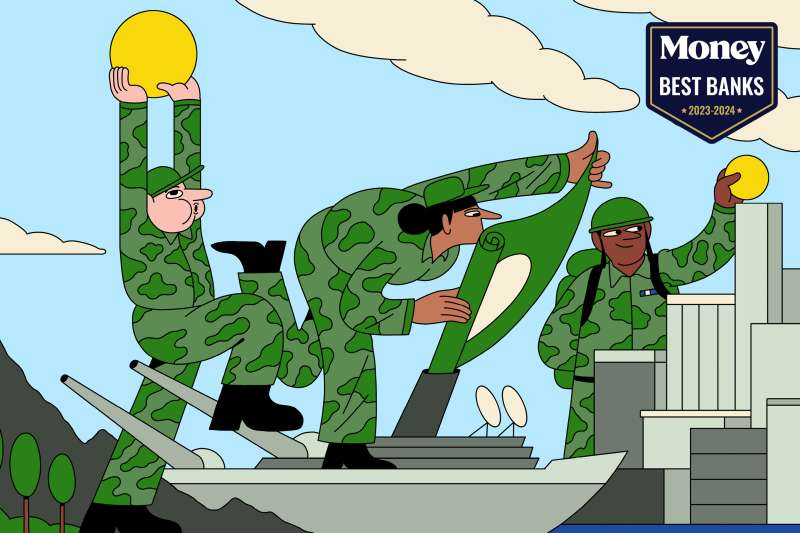 Illustration of three veterans dressed in camouflage holding money, standing on top of a military tank