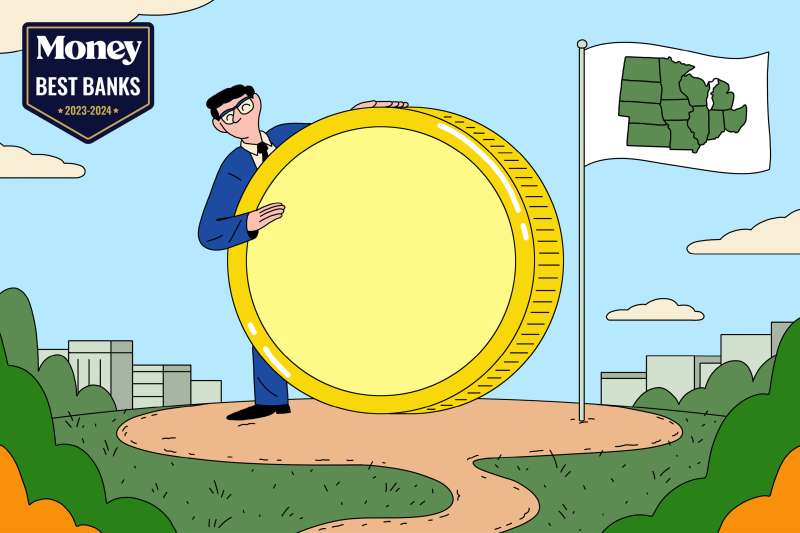 Illustration of a man holding a giant coin next to a flag with the outline of the Midwestern States of the USA
