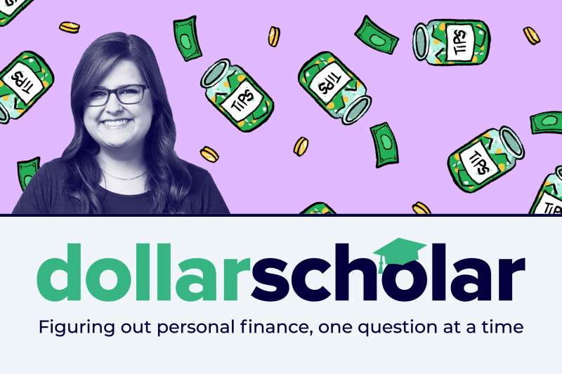 Dollar Scholar banner featuring money tip jars