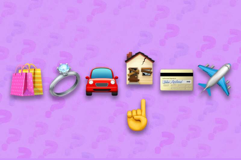 Emojis of life expenses: shopping, marriage, car, home, credit, travel.