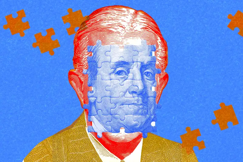 Photo-illustration of a man with a money puzzle for a face.