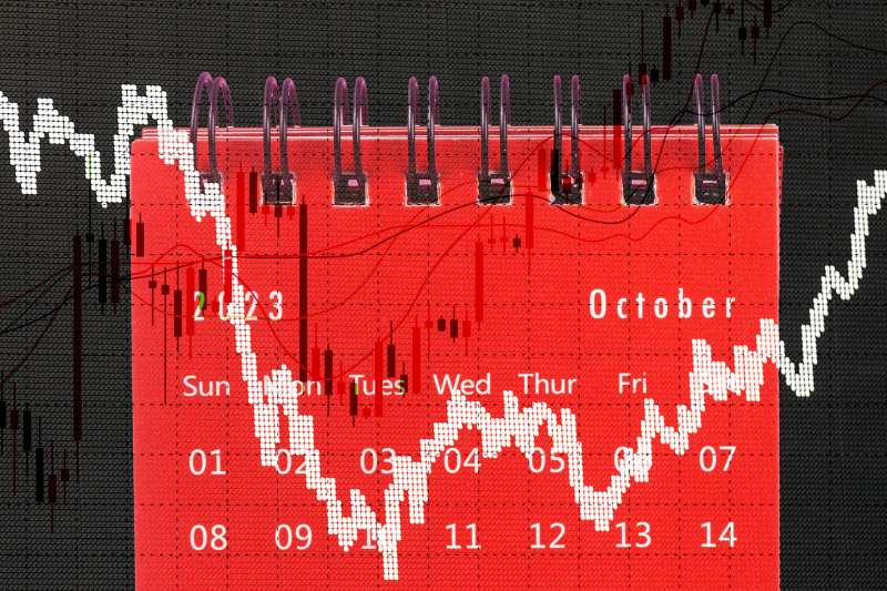 Photo-illustration of stock graphs and an October 2023 calendar.