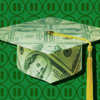 Photo-illustration of a graduation cap made of money, with pause symbols in the background