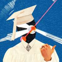 Photo-illustration of a college grad with a clock and money in the background.