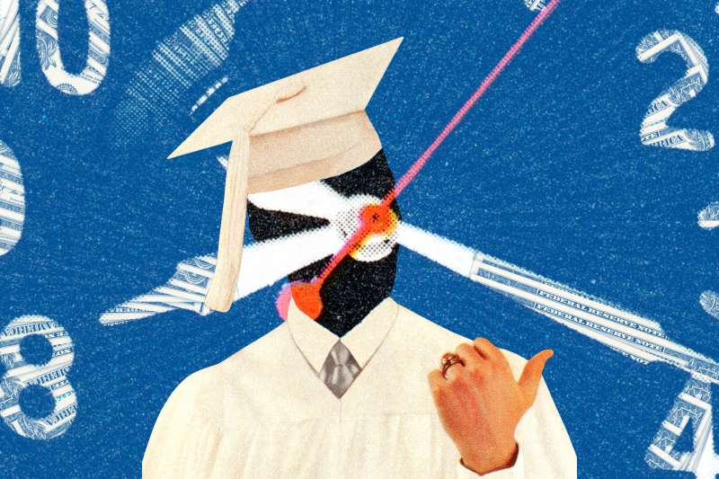 Photo-illustration of a college grad with a clock and money in the background.