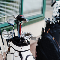 Many golf clubs in bag at pavement.