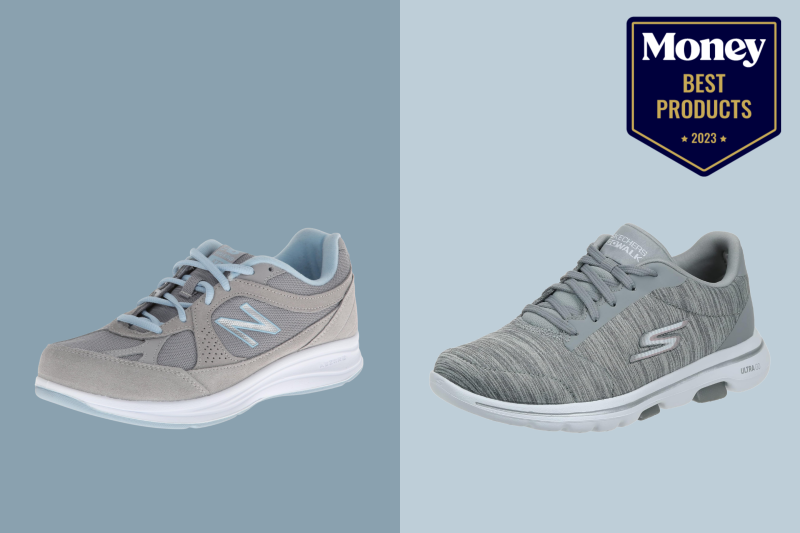 two of the best Walking Shoes for Women in grey on a two-toned blue backdrop.