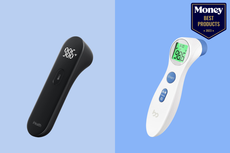The Best Forehead Thermometers for Your Money-- two forehead thermometers side by side on a two-toned blue backdrop