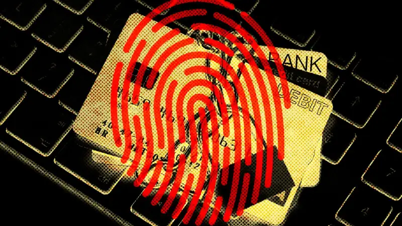 Credit card split in half on top of a keyboard and a red fingerprint on top of the image.
