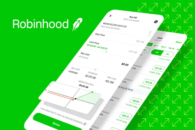 Image with neon green background with the Robinhood logo and 2 mobile screens featuring the investing app