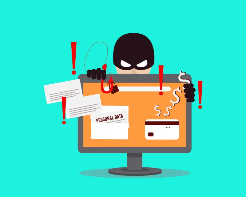 A computer hacker who steals money and personal data on the Internet. Web crime with password hacking. Vector illustration
